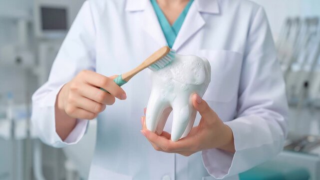 Dental professional demonstrating proper brushing technique on large tooth model. Oral hygiene education in clinical setting. Lockdown close-up shot.