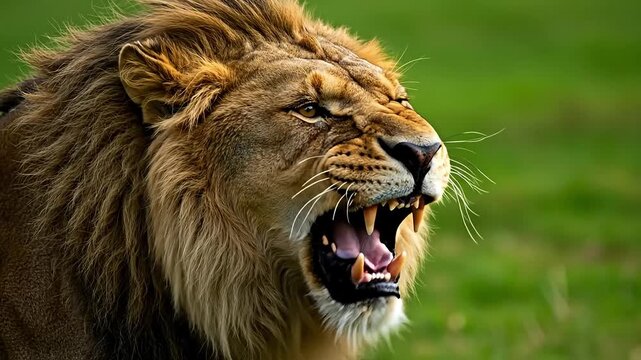 A lion roars, showing its teeth and mane in a close-up portrait.