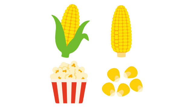 Cartoon corn cobs, popcorn bucket and kernels set