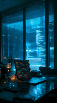Tech aesthetic room setup featuring a monitor showing complex computer coding with blue neon light reflections in a dark office, Generative AI illustrations.