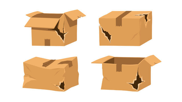 Set of torn and damaged cardboard boxes on white background
