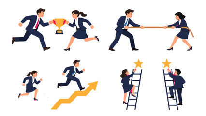 Business people competing with trophy, rope, arrows and ladders © Mark