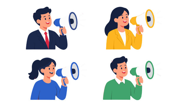 Set of people holding megaphones in flat vector style