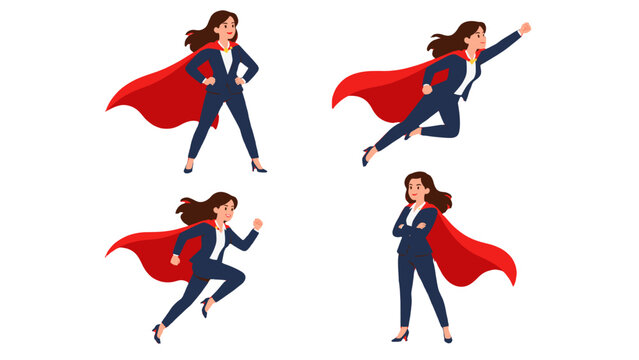 Businesswoman superhero character set in dynamic action poses