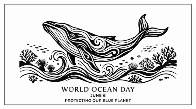 Detailed tribal whale illustration for world ocean day poster