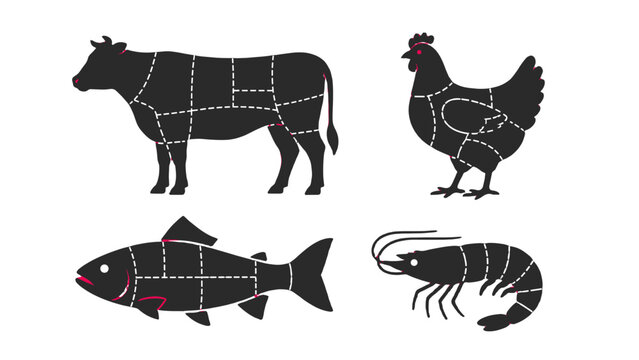 Butcher guide with cow chicken fish and shrimp cut diagrams