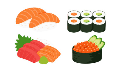 Cartoon sushi set with nigiri rolls sashimi and roe gunkan © Mark