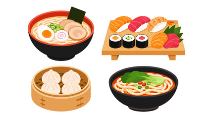 Asian food set with ramen sushi dumplings and noodle bowls © Mark