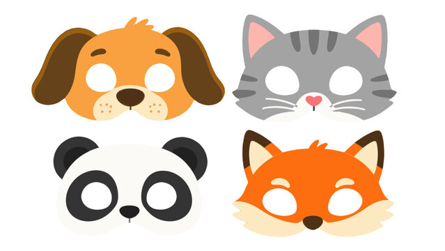 Cartoon animal face masks set with dog cat panda and fox