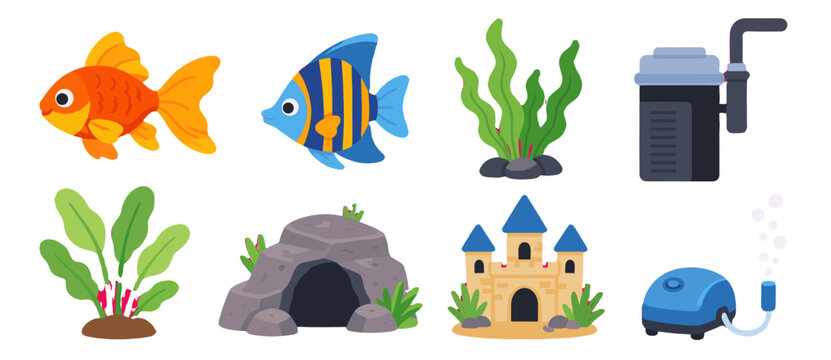 Cartoon aquarium fish, plants, rocks and tank equipment set