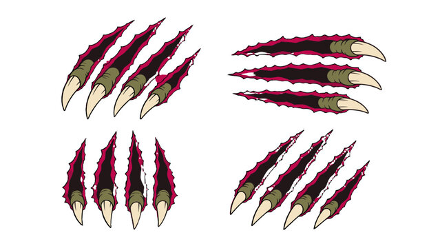 Cartoon claw scratch marks with torn slashes set