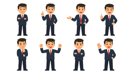 Fototapeta premium Cartoon businessman character set with different poses and gestures