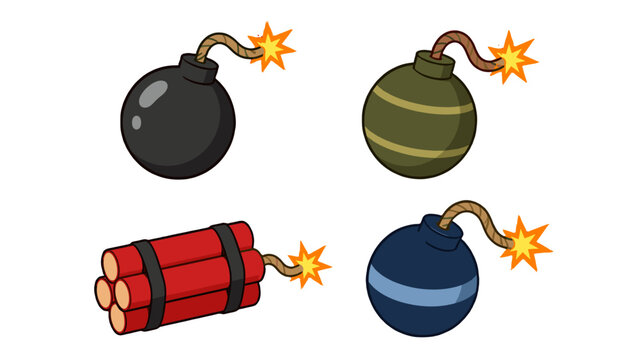 Cartoon bomb and dynamite explosives set on white background
