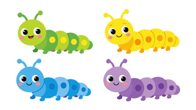 Set of four cute colorful cartoon caterpillars isolated