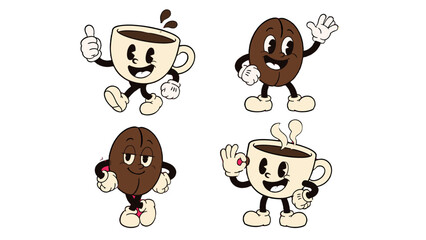 Obraz premium Cartoon coffee cup and bean mascot characters set