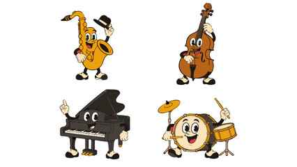 Cartoon musical instruments set with saxophone piano bass and drums © Mark