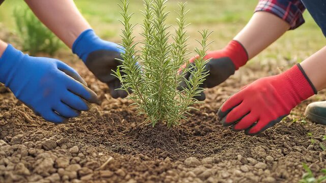 Gardeners planting rosemary shrub in fertile soil. People wearing protective gloves working together in outdoor garden. Lockdown close-up shot.