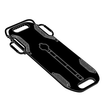 Black and white illustration of a medical spine board for patient transport.