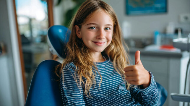 Girl in striped shirt gives thumbs up in dental chair with thumbs up ok gesture well being