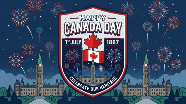 Canada day celebration illustration with fireworks parliament hill and national flag