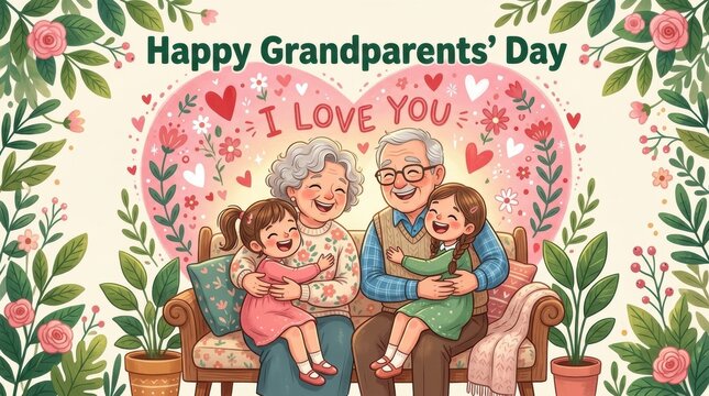 Happy grandparents' day cartoon illustration with family and heartfelt message