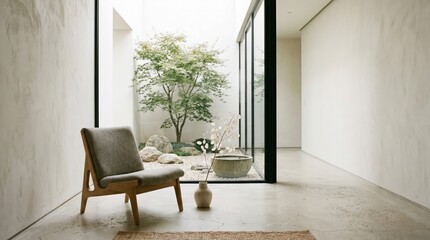 Fototapeta premium Organic Modern Interior with Wooden Chair and Ceramic Vase - AI Generated