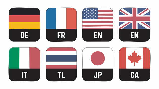 Collection of international language selector buttons featuring national flags and country codes for website navigation menus or digital interface design