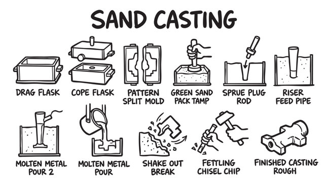 Sand casting metal foundry process detailed illustration.