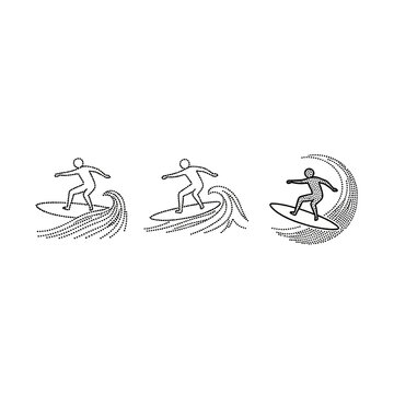 Illustrated surfers riding stylized ocean waves gracefully.