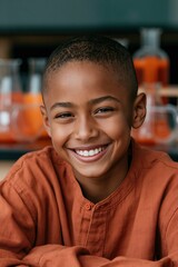 Obraz premium Smiling boy enjoying science experiment in classroom