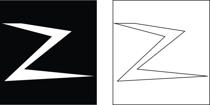 Abstract sharp lightning bolt or letter Z alphabet icon set in black and white styles
