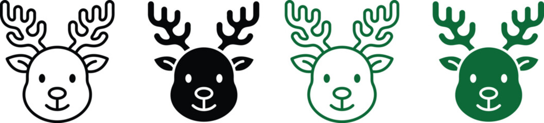 Cute cartoon reindeer head icons in black and green line art © @rayan_rahaman