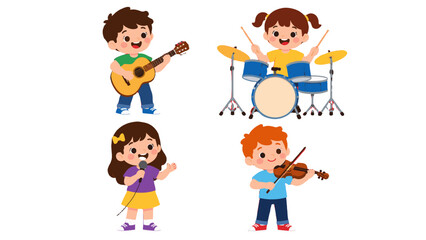 Fototapeta premium Cartoon children playing guitar drums violin and singing