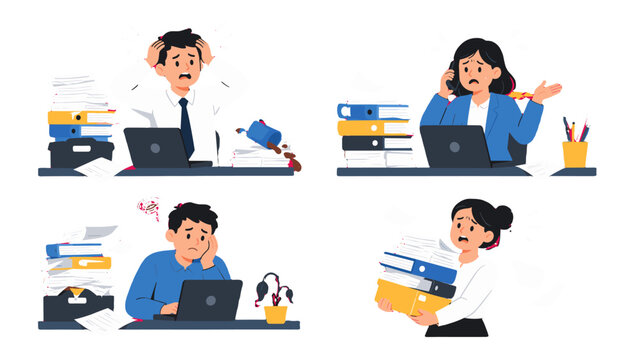 Stressed office workers with paperwork and laptops vector set