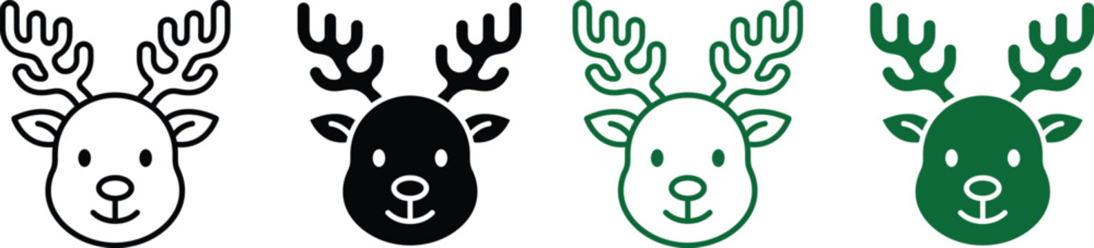 Cute cartoon reindeer head icons in black and green line art