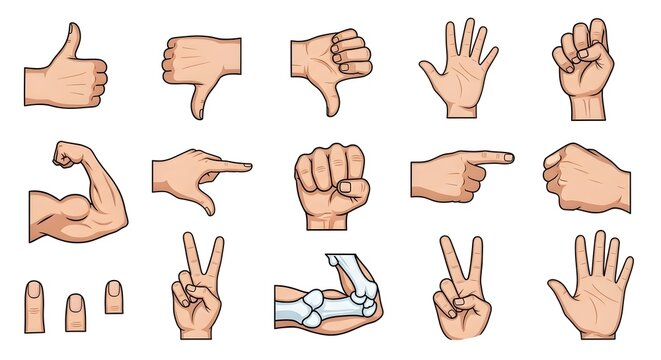 Collection of Hand Gesture Illustrations Showing Various Signs.