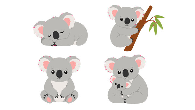Cute koala cartoon set with sleeping, climbing and baby poses