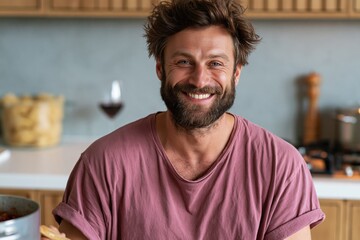 Obraz premium Bearded man laughing while preparing food in kitchen