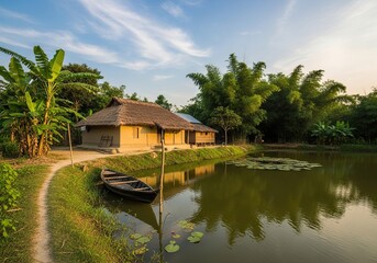 Obraz premium A serene rural landscape in bangladesh featuring a traditional mud house with a thatched roof, a wooden boat on a calm pond, and lush greenery