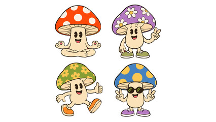 Naklejka premium Cute cartoon mushroom character sticker set with patterned caps