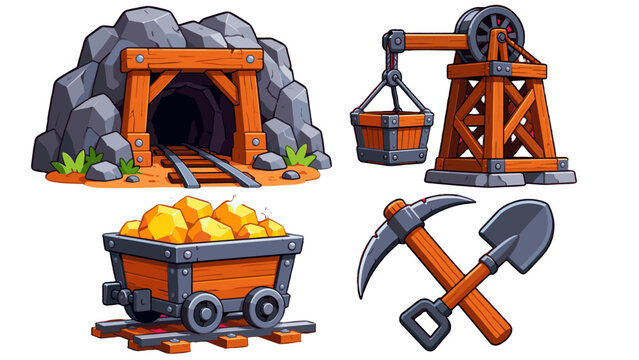 Cartoon mining set with cave entrance elevator cart and tools