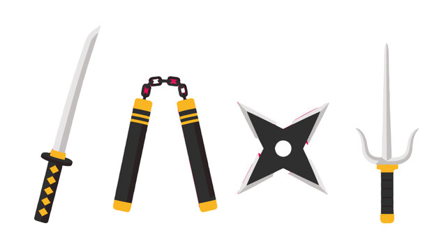 Cartoon ninja weapons set with sword nunchucks star and sai