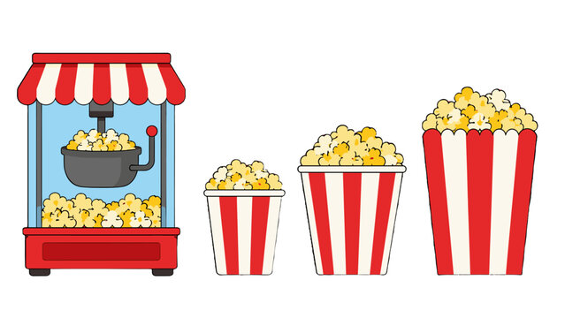 Cartoon popcorn machine with striped boxes in three sizes