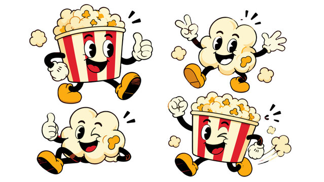 Cartoon popcorn bucket and kernel mascot characters set