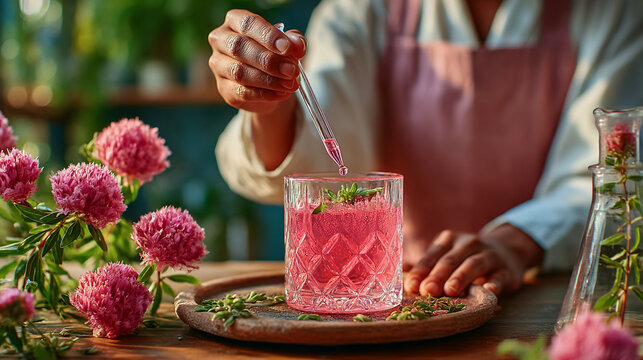 Close-up of someone preparing a pink floral drink with clover flowers cocktail preparation