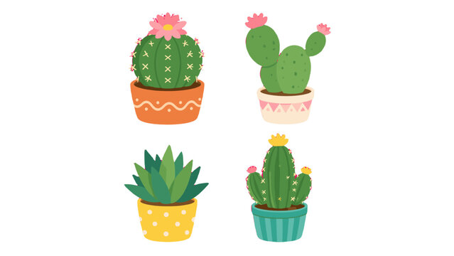 Cute cartoon cactus and succulent plants in decorative pots