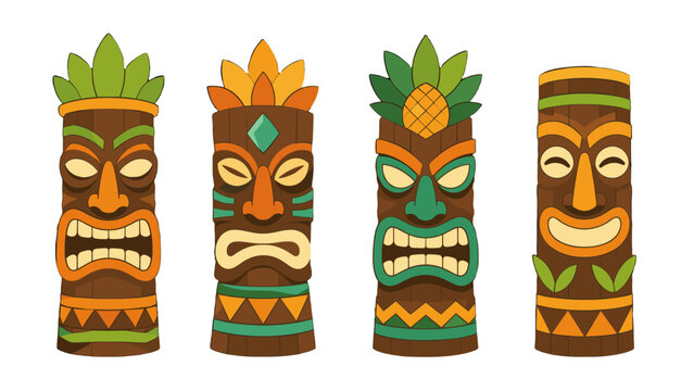 Cartoon tropical tiki totem masks isolated on white background