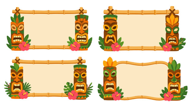 Cartoon tiki mask bamboo banner frames with tropical flowers