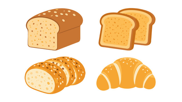 Cartoon bakery set with loaf bread toast slices and croissant