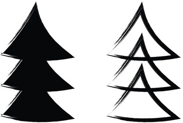Obraz premium Minimalist brush stroke pine tree icons in solid black and outline vector style